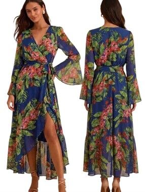 UNE ÂME Tropical Print Bell Sleeve Faux Wrap Dress - Size L